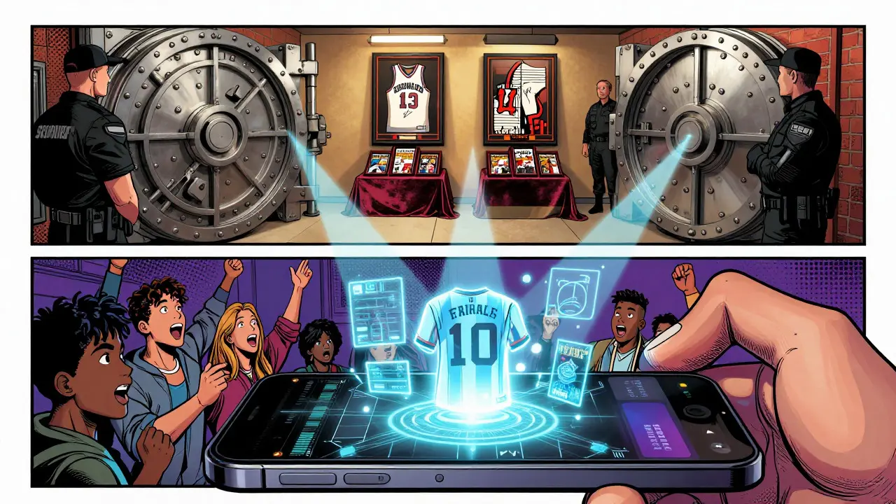Illustration linking physical collectibles in a vault to digital twins on phones.