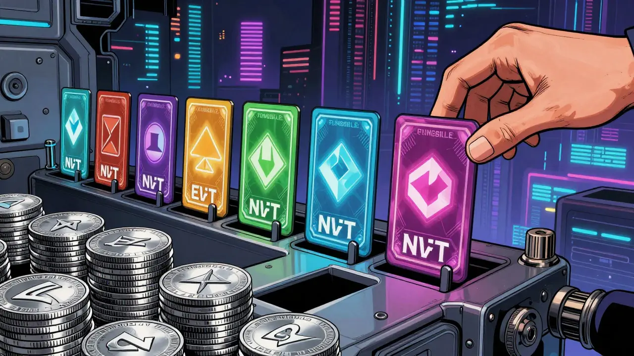 Illustration of fungible coins versus unique NFT position cards in a trading interface