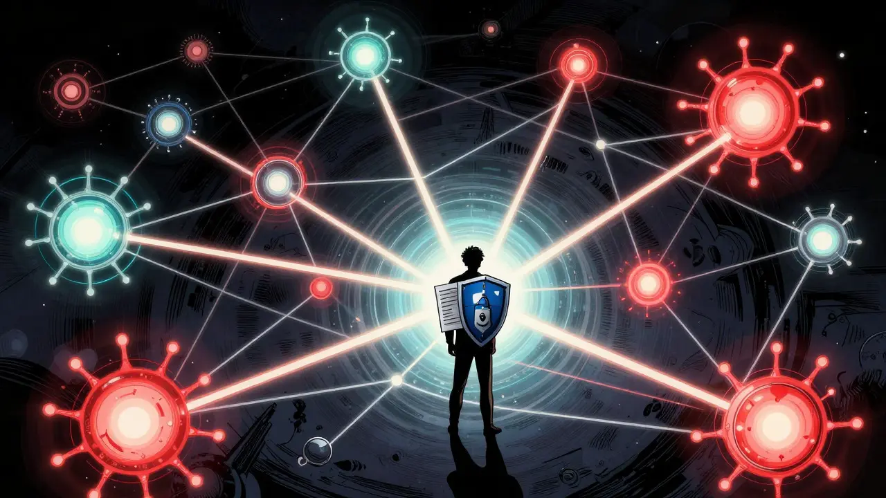 Interconnected DeFi network showing risks and security shields
