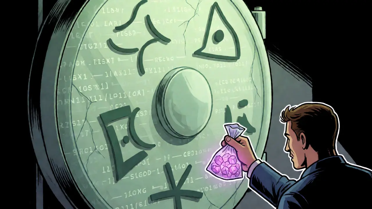 Investor approaching cracked smart-contract vault with WIGO tokens