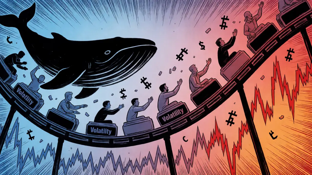 Investors on a volatile chart rollercoaster with whale shadow