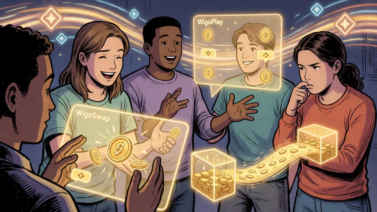 Investors trading and playing games on holographic WigoSwap interface