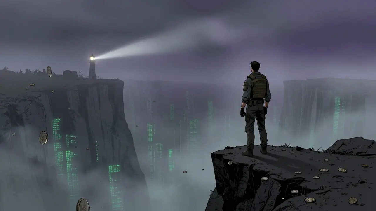 Solitary figure assessing risks on a cliff overlooking a digital financial abyss
