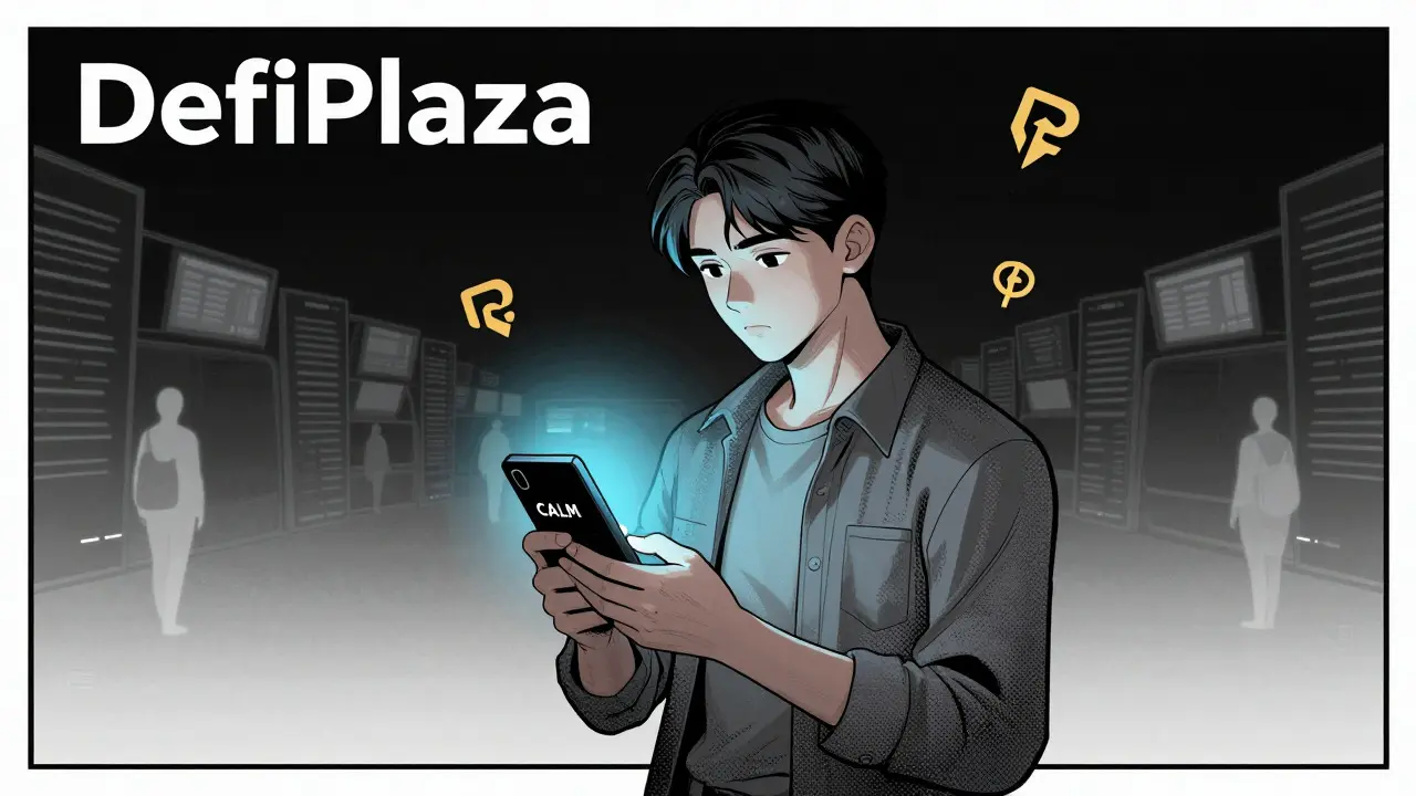 Solitary trader holding a glowing algorithm device in an empty, low-volume digital market.