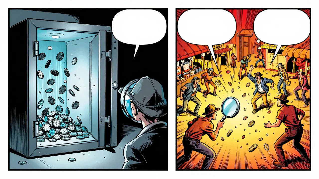 Split panel showing coins moving to cold storage versus entering a chaotic marketplace in graphic novel style.