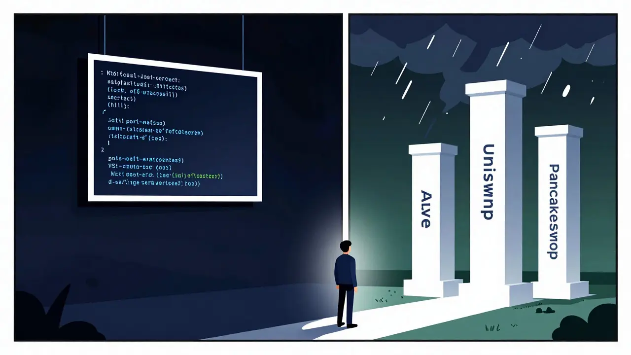 Split panel showing risky token vs safe DeFi protocols