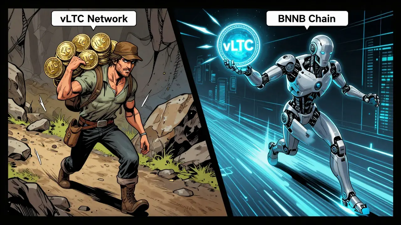 Split view comparing static LTC coins with growing vLTC token