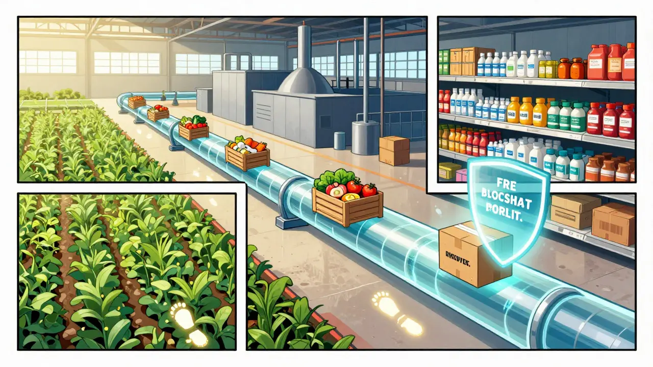 Transparent supply chain pipeline showing verified goods rejecting counterfeits.