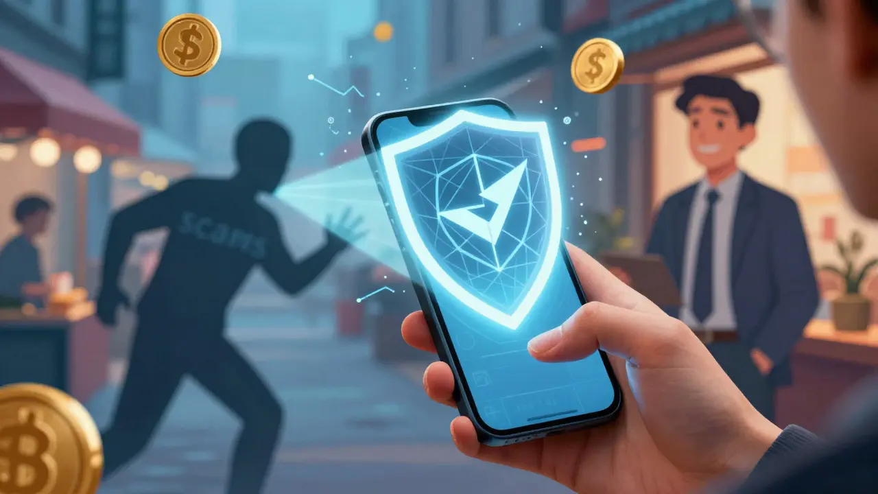 User holding a phone emitting a privacy shield blocking scams while an investor looks on confidently
