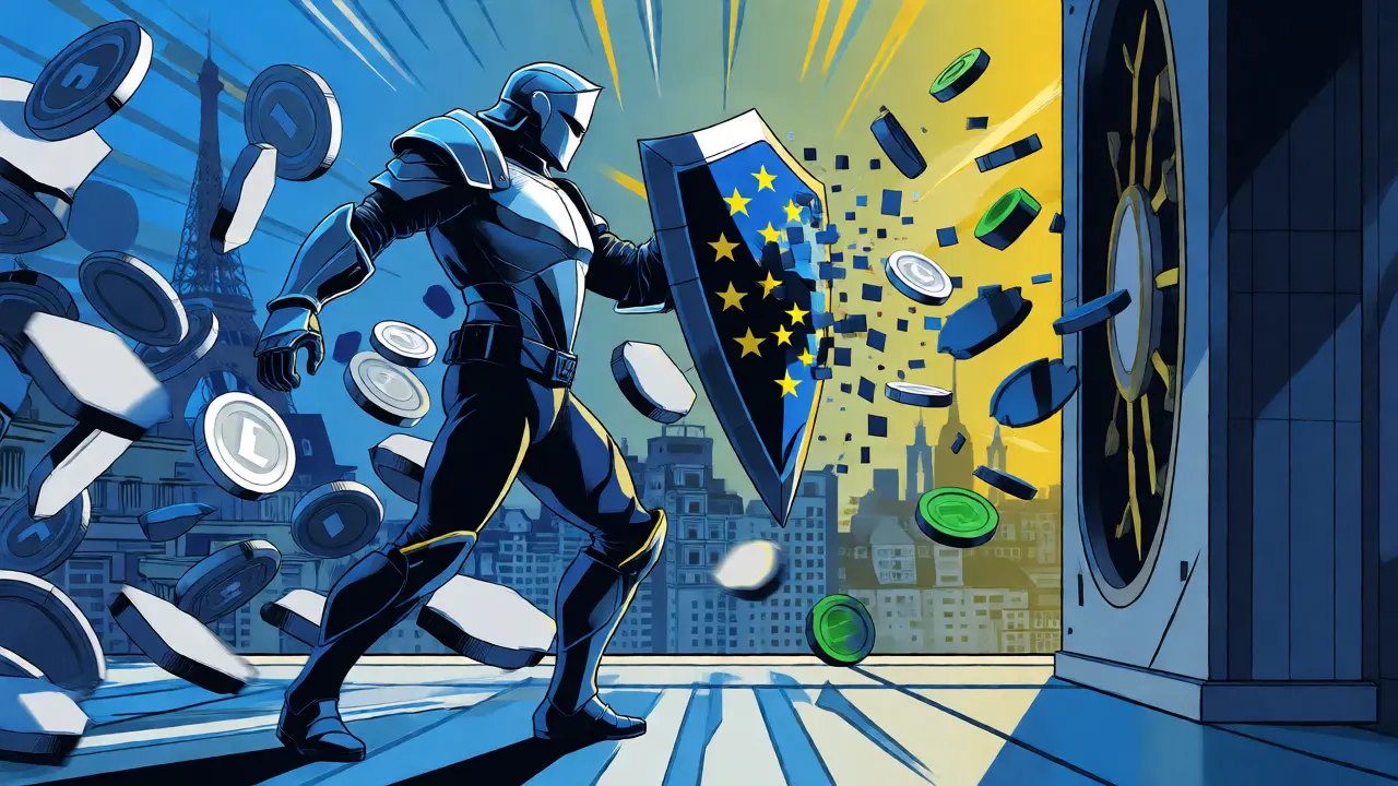 A regulator shields a vault from shattering stablecoin tokens in a graphic novel illustration of MiCA enforcement.