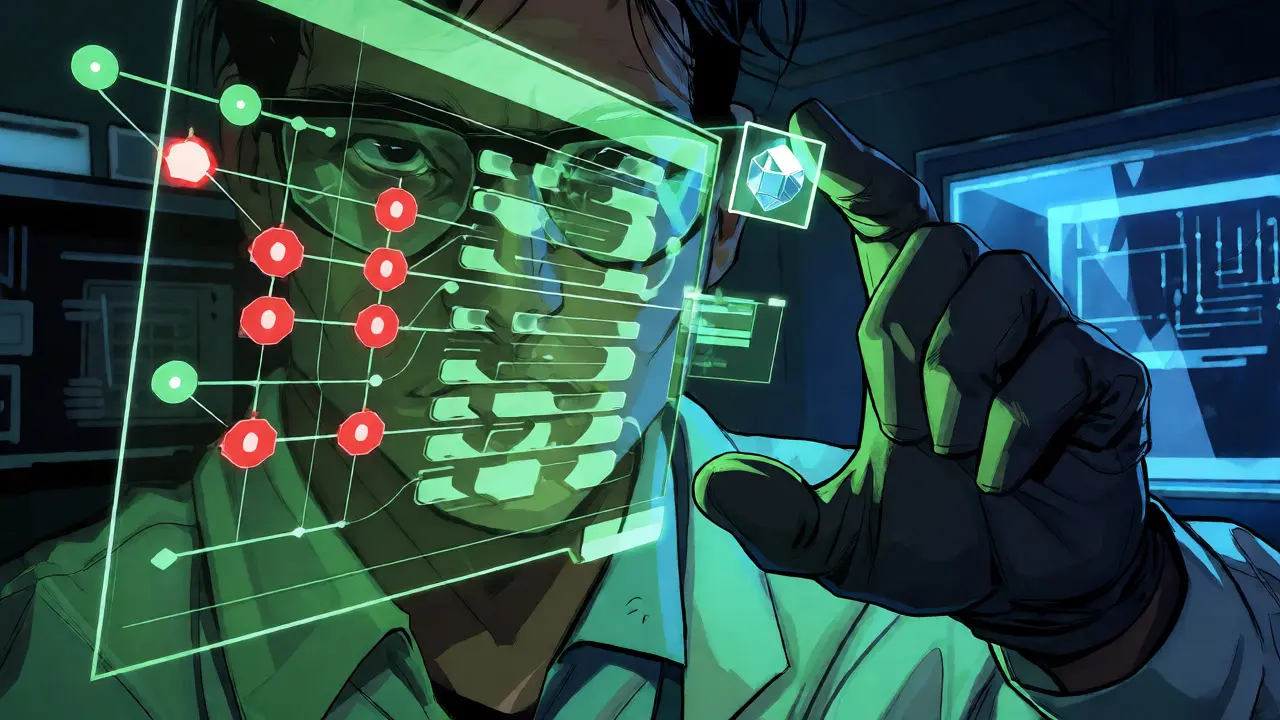 Agents analyzing holographic blockchain nodes in a high-tech forensic lab