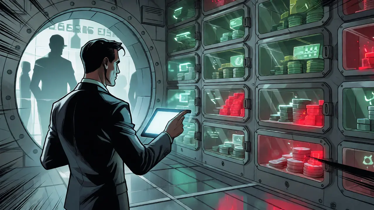 Auditor inspecting cold storage vaults with historical risk ghosts in background.