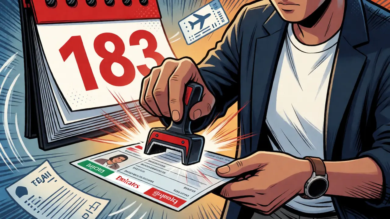 Character stamping Emirates ID with 183-day rule focus