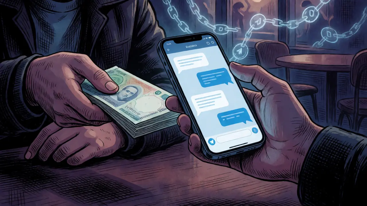 Close-up of hands exchanging cash for digital assets via phone in a secretive cafe setting.