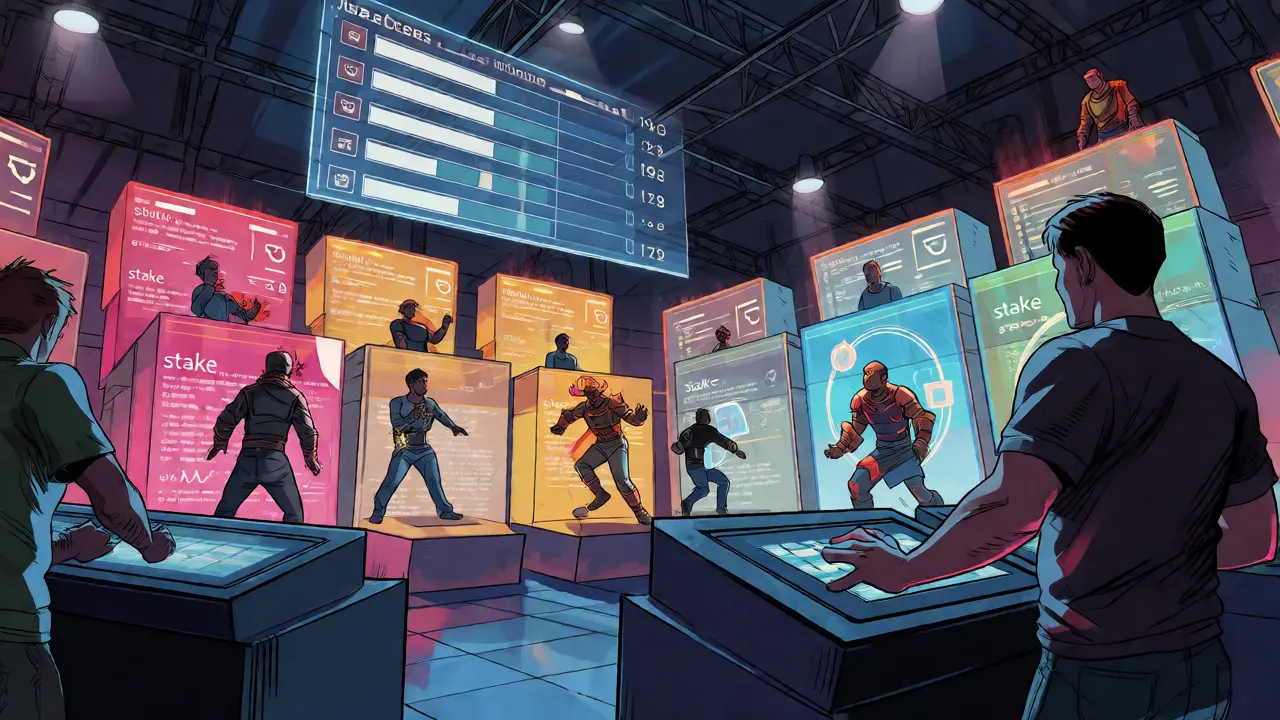 Comic book illustration of users competing in CMC StakeHouse game arena
