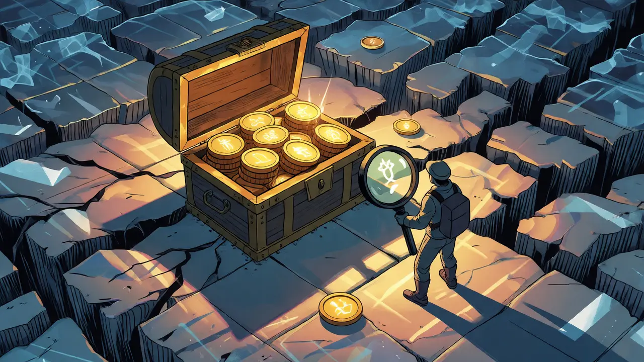 Comic book scene showing a treasure chest of tokens surrounded by volatile market cracks.