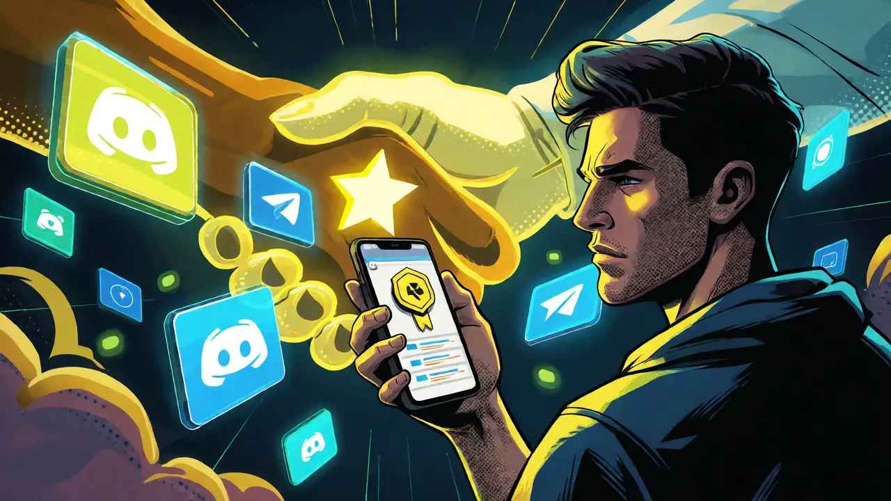 Comic style illustration of a user engaging with CMC alerts and community social icons.