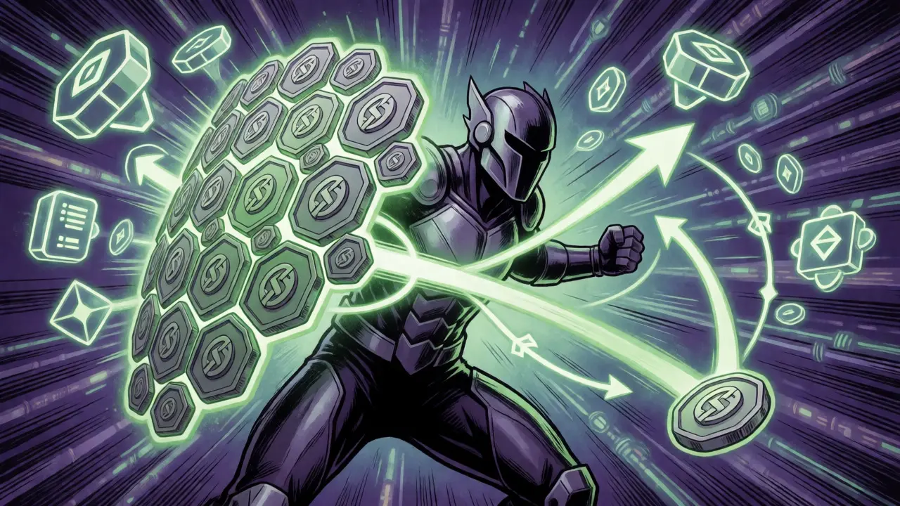 Community governance figure protecting global trade routes with HUMA token shield.