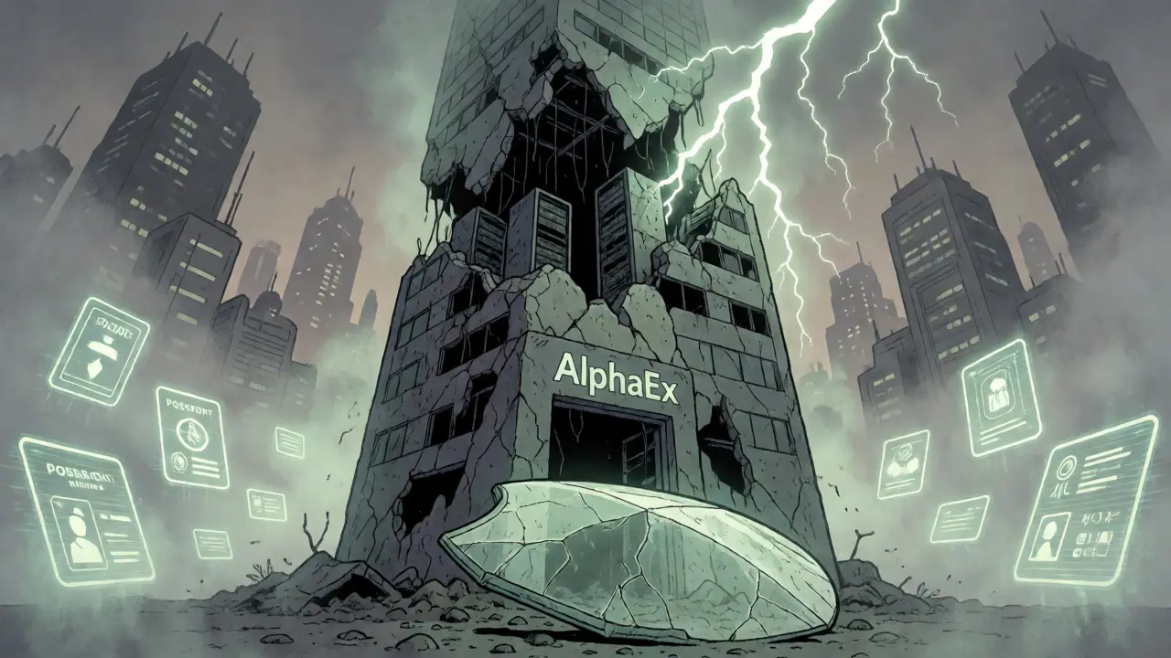 Crumbling AlphaEx skyscraper with shattered security shield in fog
