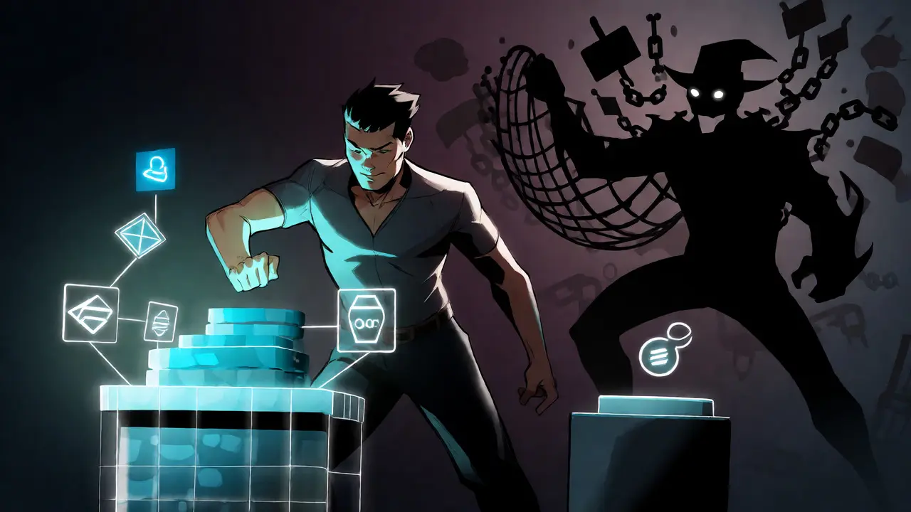 Crypto farmer depositing into a secure pool while avoiding a scammer's trap.