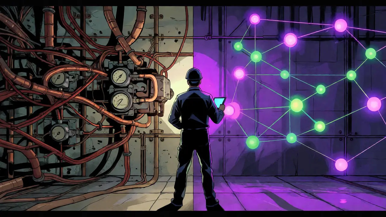 Engineer bridging legacy grid chaos and sleek blockchain network in graphic novel art.