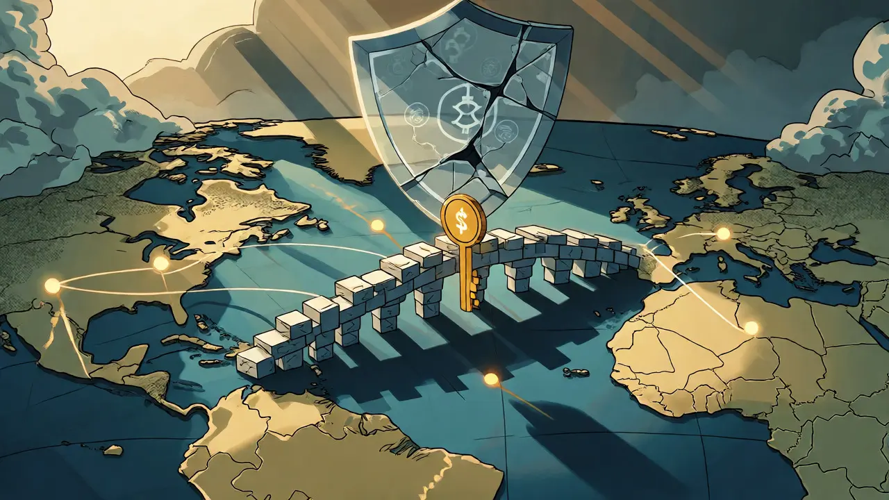 Global map comic art showing BitDelta's reach in emerging markets under a fragile regulatory shield.