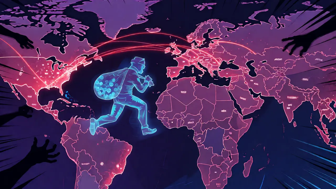 Global map with red threads showing crypto theft flows and a running thief