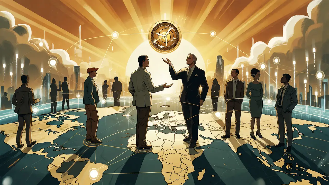 Global network of users connected by blockchain nodes, symbolizing future integrated renewable and carbon tracking.
