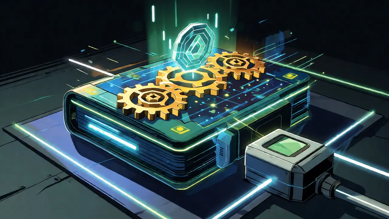 Glowing blockchain ledger and digital token illustrating the transparency and speed of decentralized energy credits.