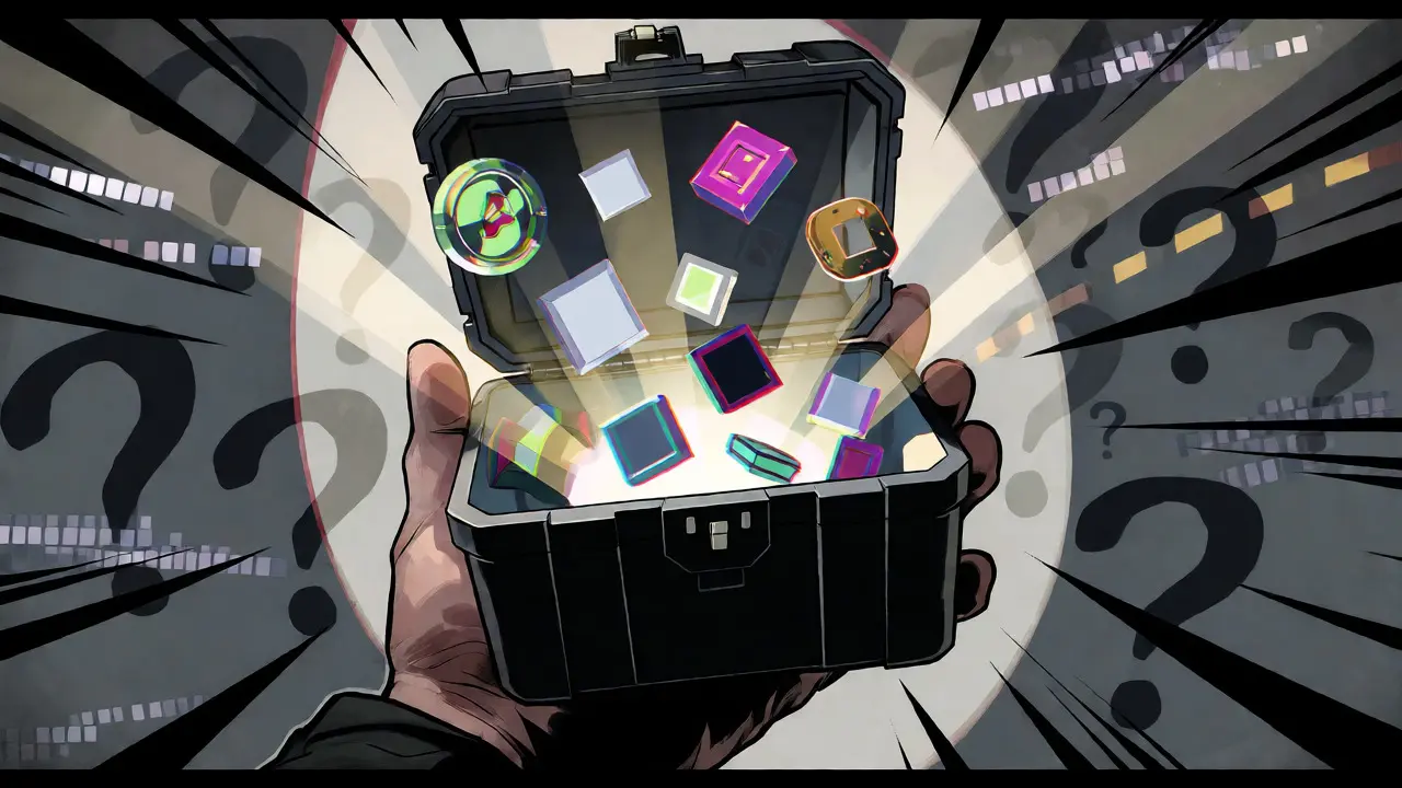 Hand opening a loot crate revealing mixed digital assets