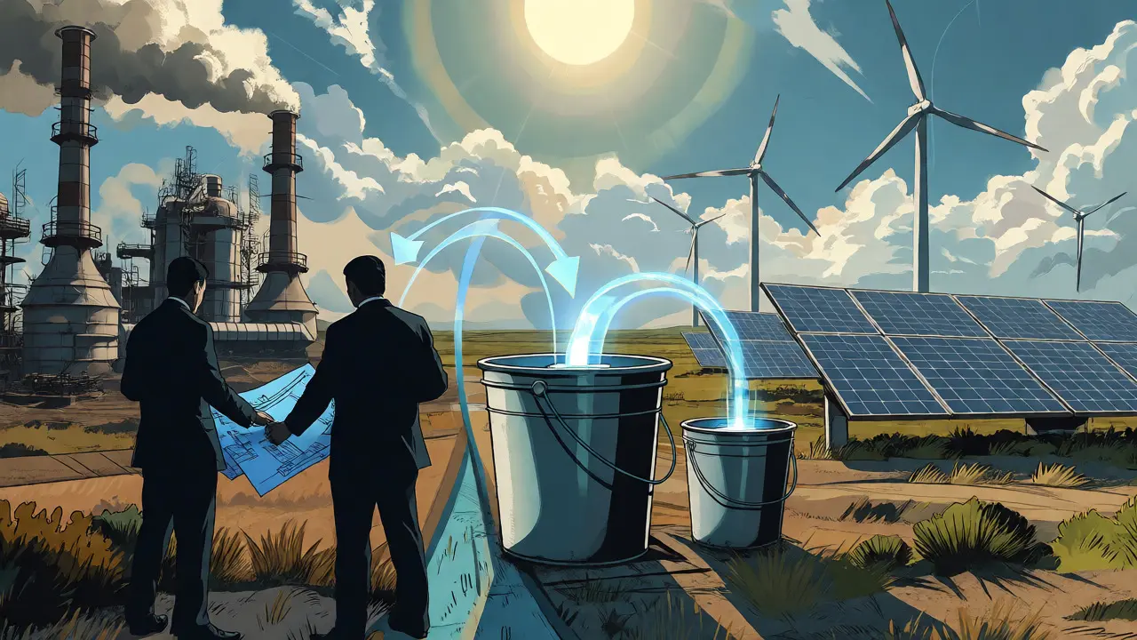 Illustration of renewable energy solutions powering regulated crypto mining farms.