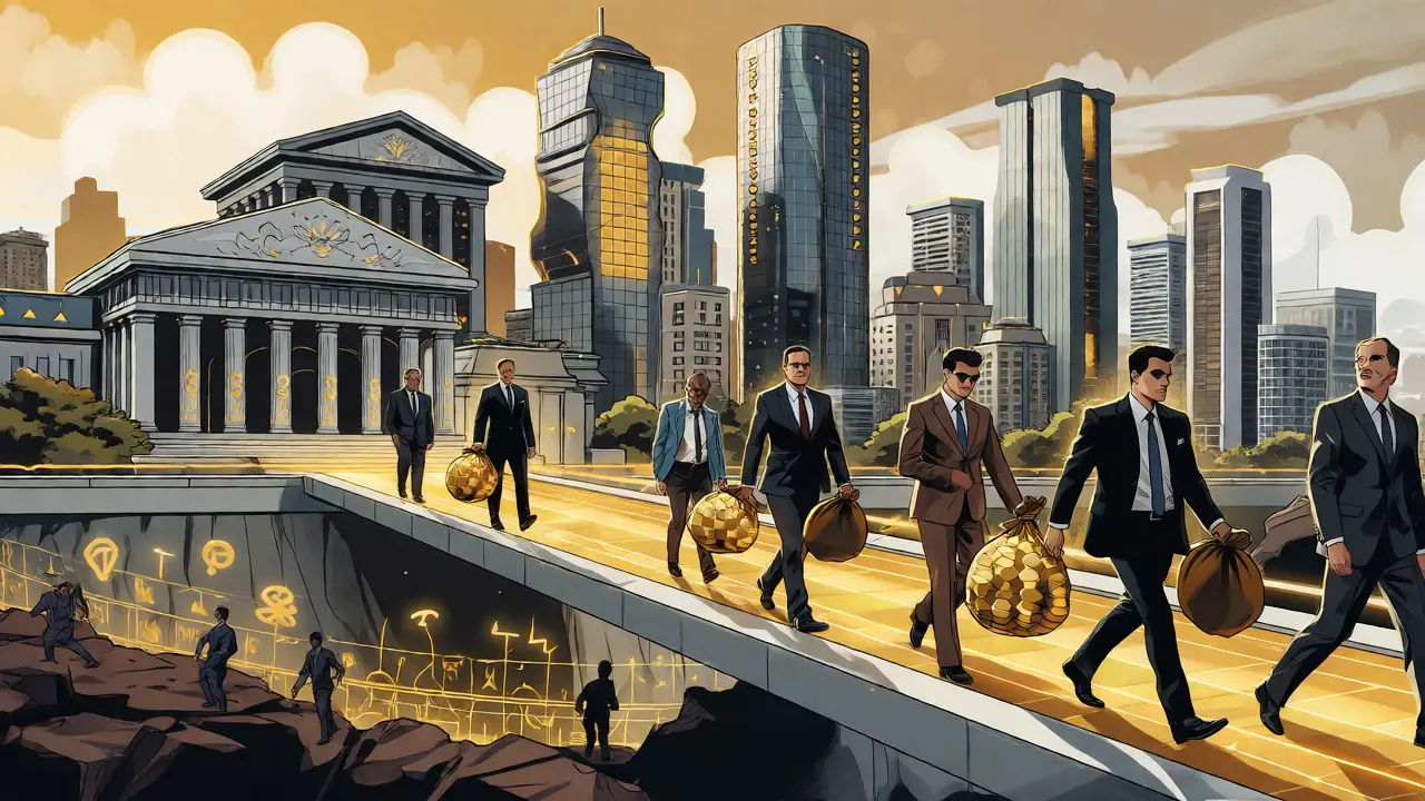 Institutional investors cross a golden bridge from chaos to order in a comic book style image of crypto regulation.