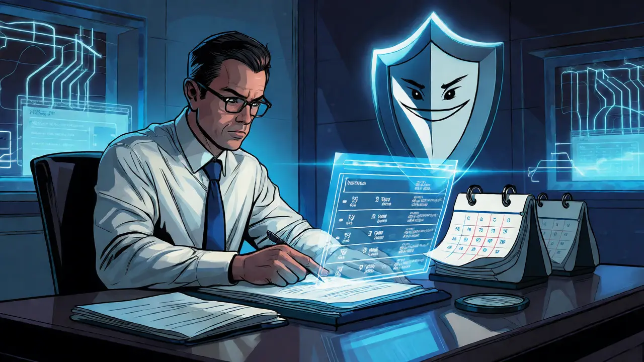 Investor reviewing holographic blockchain records to prove one-year holding period