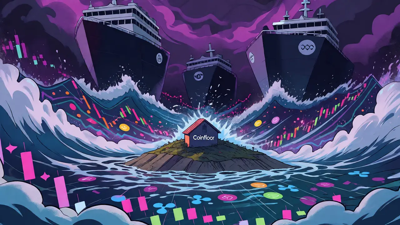 Isolated exchange island overwhelmed by large competitor ships in comic art