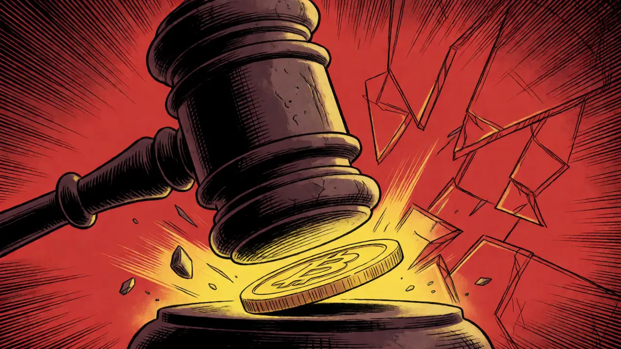 Large stone gavel crushes a glowing digital coin against a dark, abstract background.