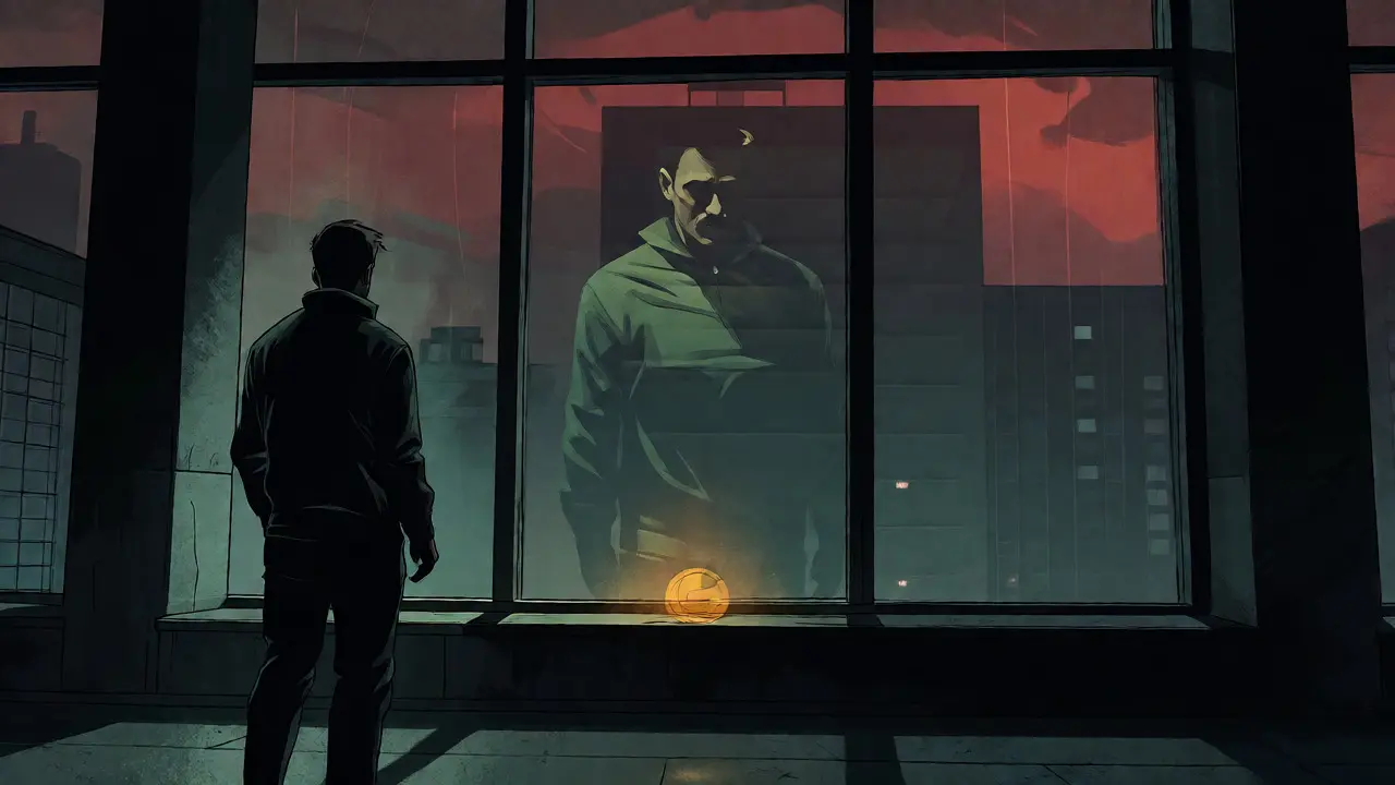 Lone figure looking out window at dusk with fading golden coin symbol