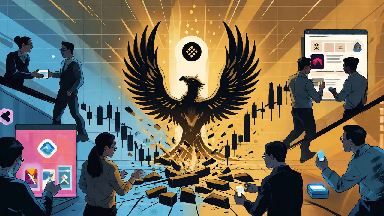 Phoenix rising from a market crash, surrounded by active DeFi users earning rewards.