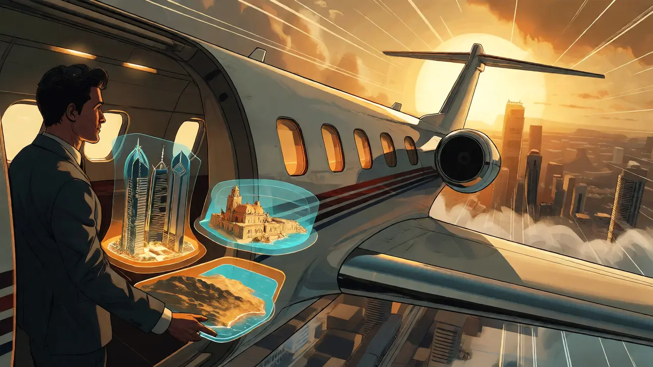 Private jet flying toward global crypto hubs like Dubai and Malta