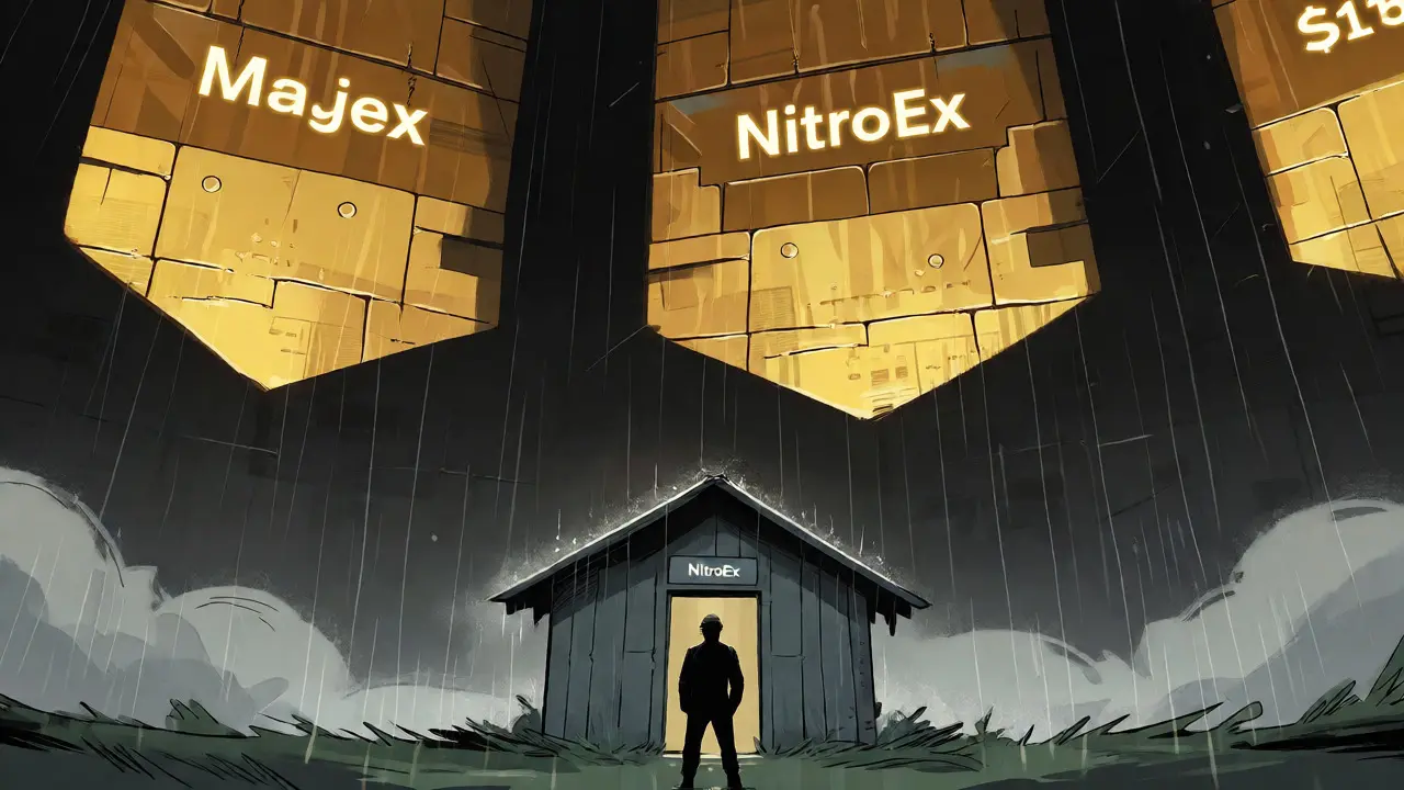 Small crypto exchange shack dwarfed by a massive financial fortress.