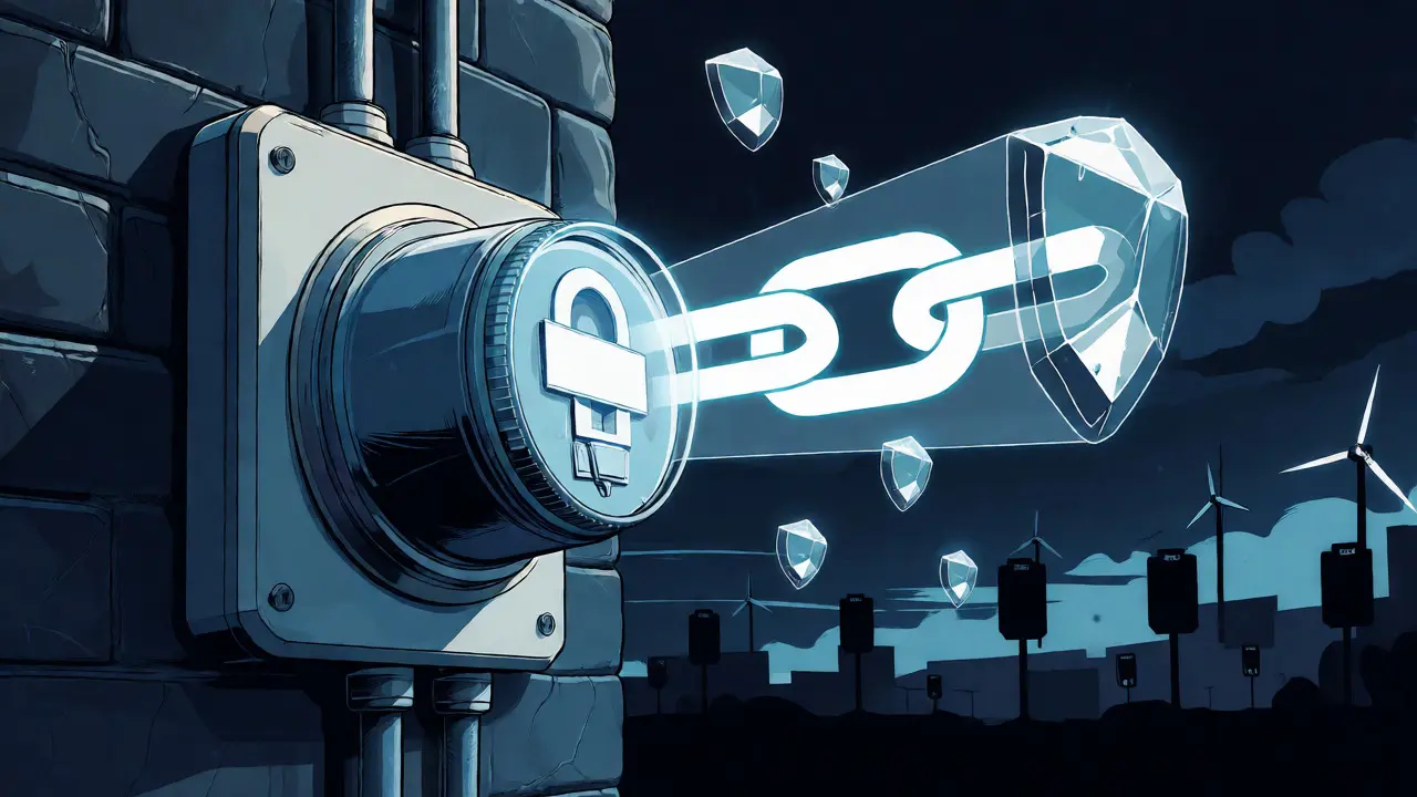 Smart meter emitting secure blockchain shield graphics against a dark urban backdrop.