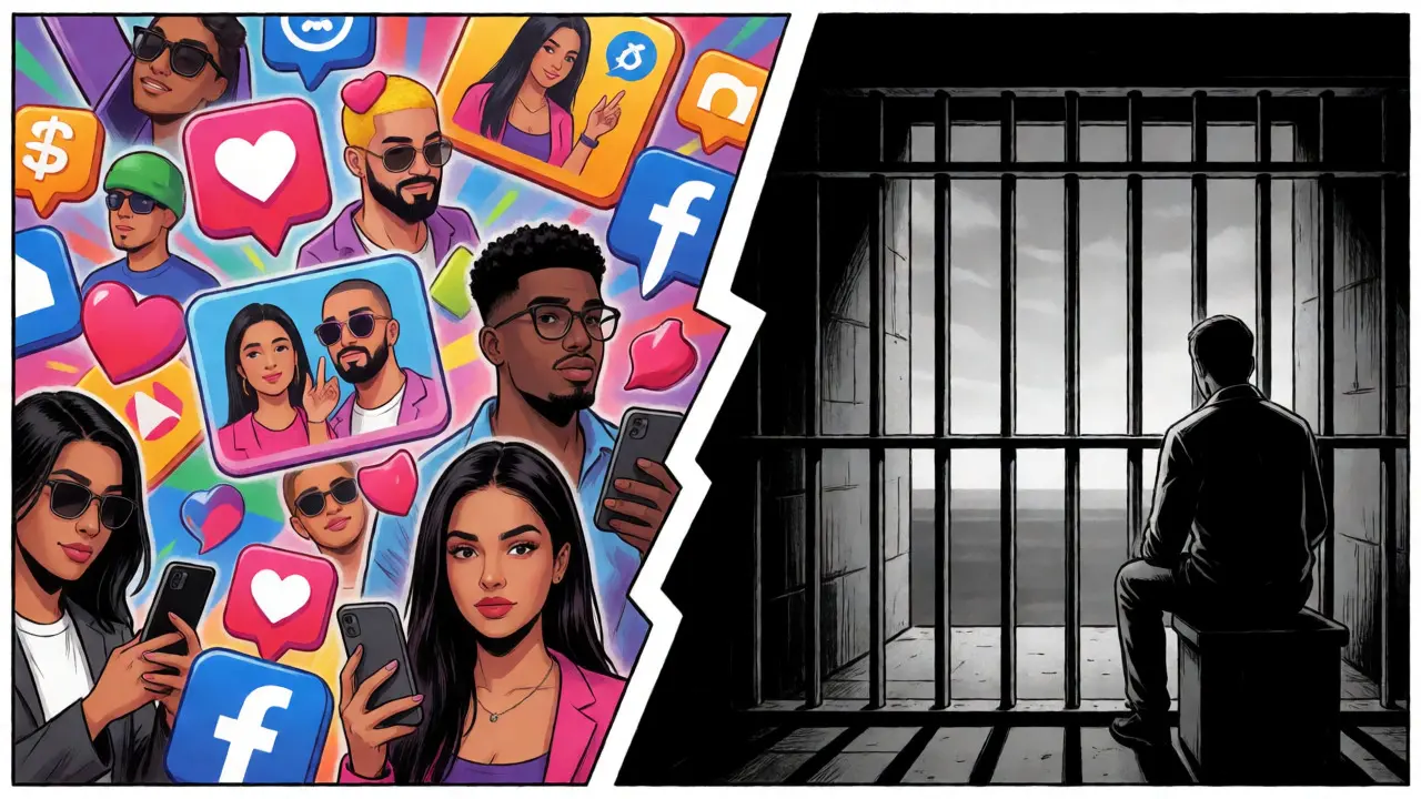 Split panel showing colorful social media chaos on one side and a grim prison cell on the other.