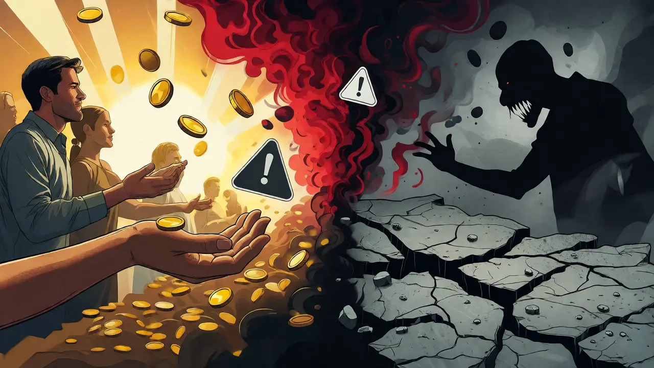 Split-scene comic art showing crypto airdrop rewards and scam risks