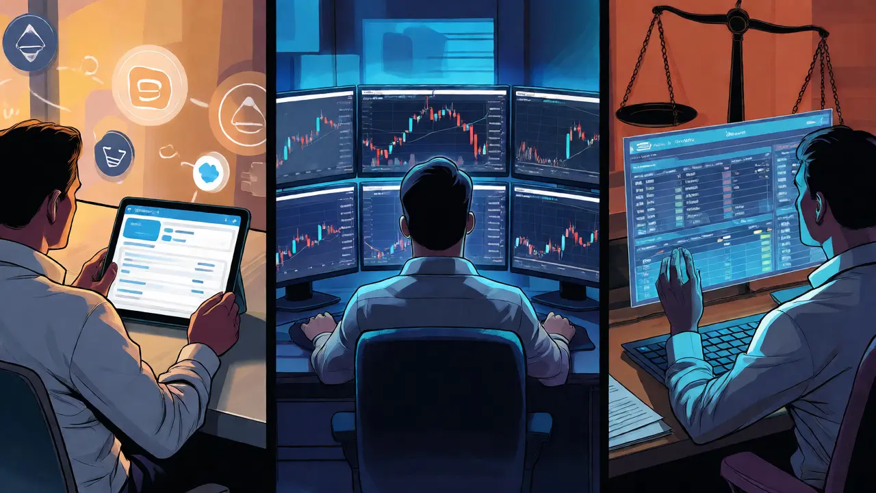 Split-screen comparison of beginner, active, and pro crypto trading setups.
