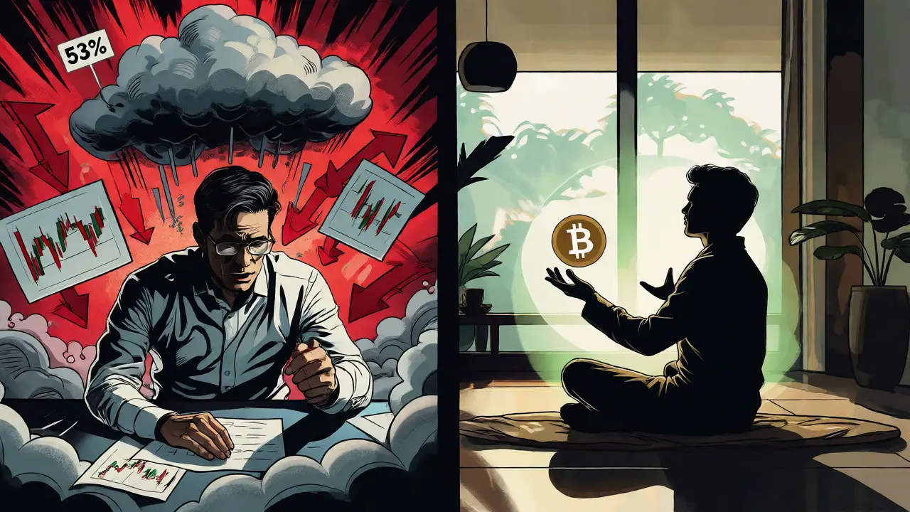 Split screen contrasting stressed day trader with calm crypto swapper in Portugal