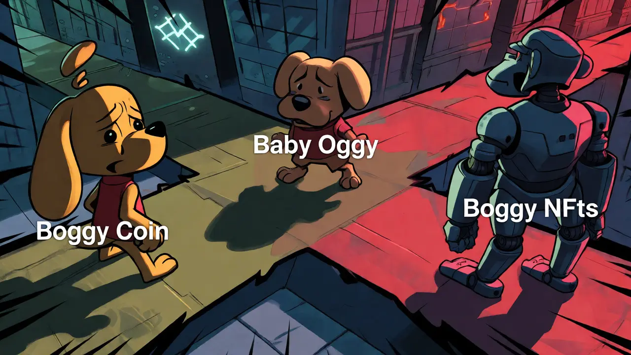 Three different crypto mascots colliding in a chaotic comic panel