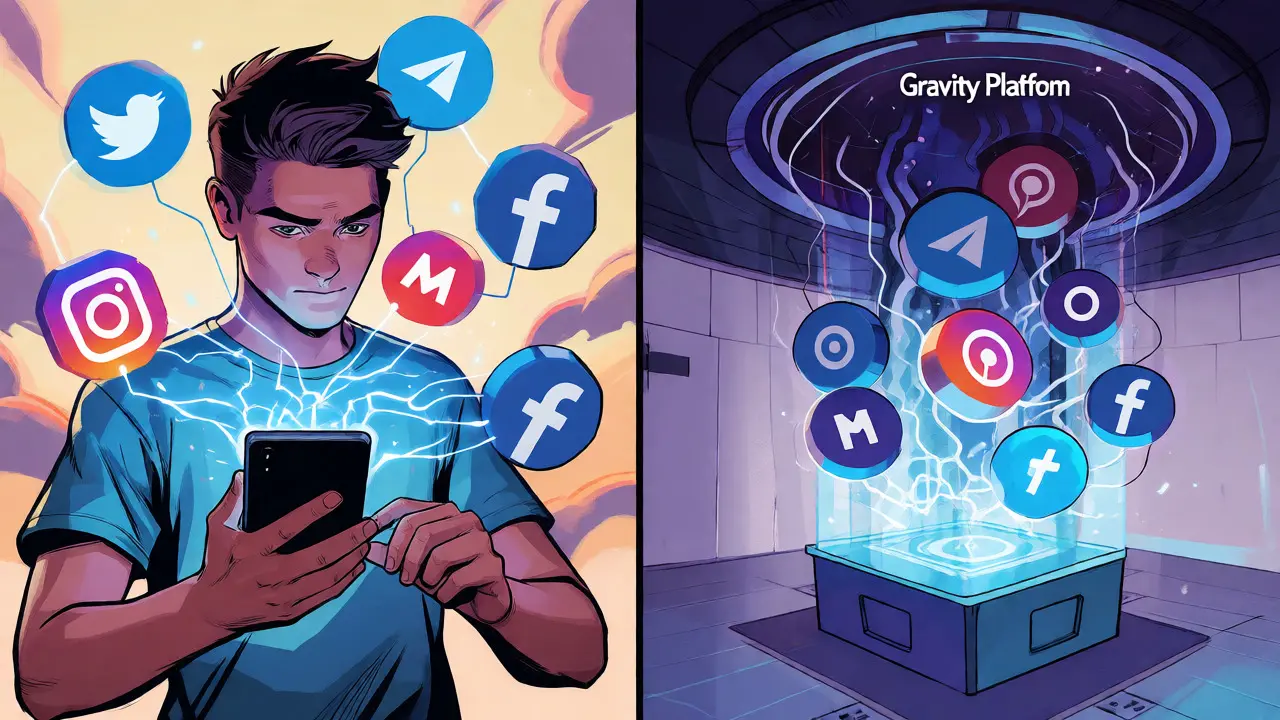 User connecting multiple social media platforms via glowing energy threads