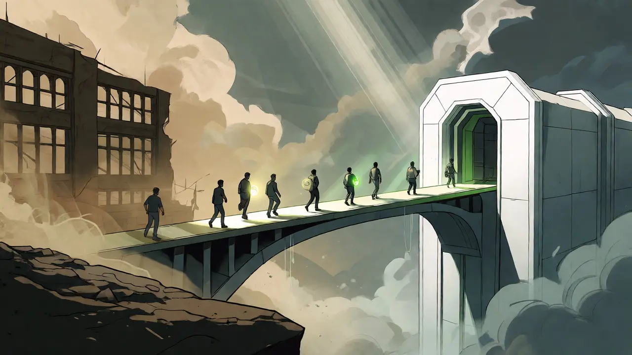 Users crossing a bridge from old exchange to new secure vault in comic style