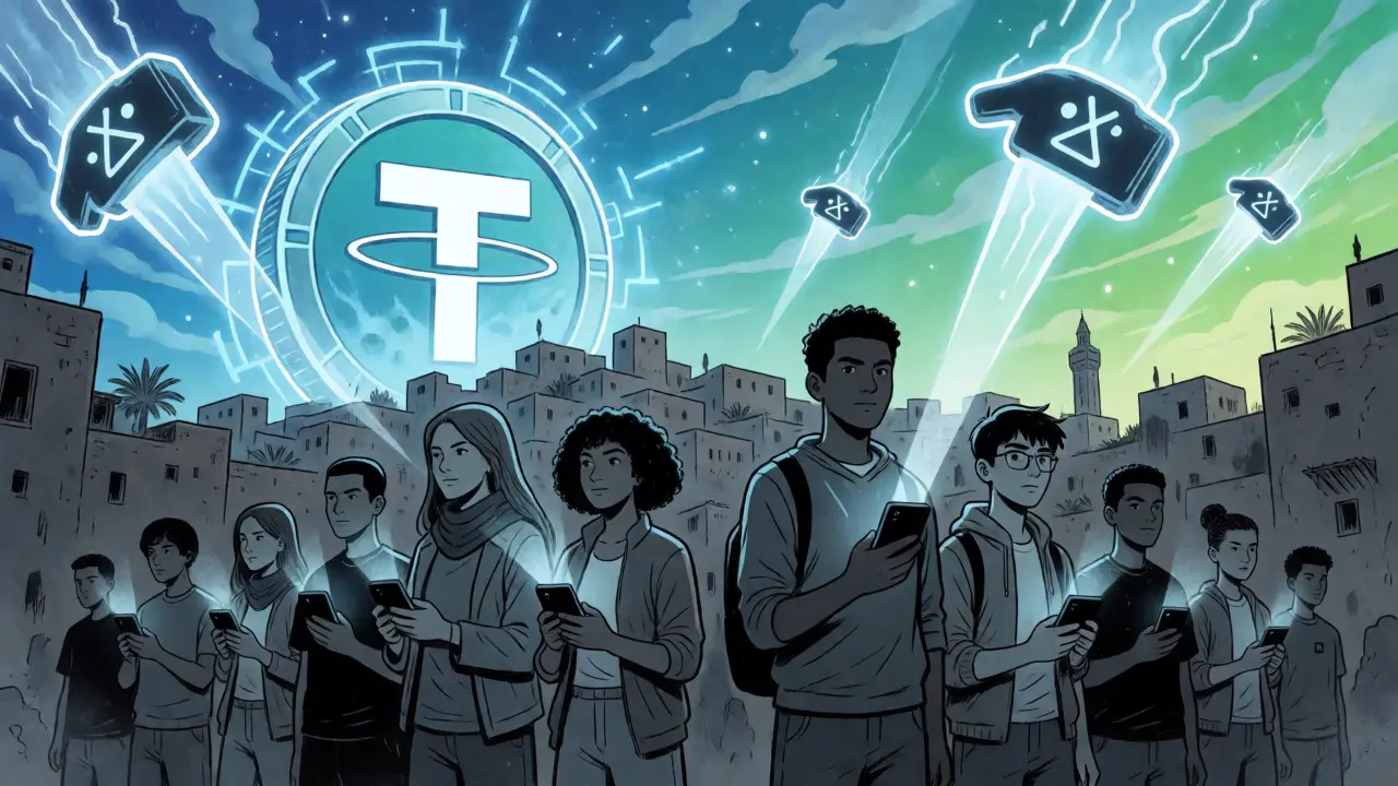 Youth using technology to protect themselves from legal threats in a stylized Algerian cityscape.