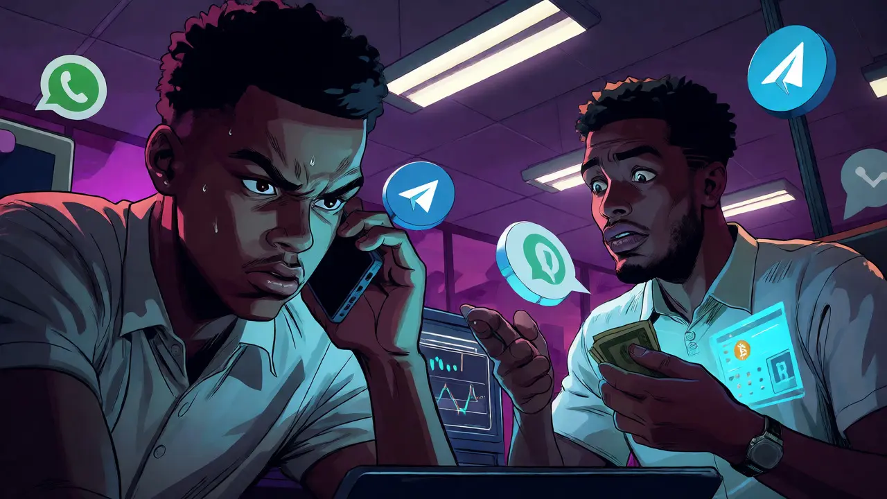 Two Nigerian traders using phones in an internet cafe, surrounded by digital communication icons.